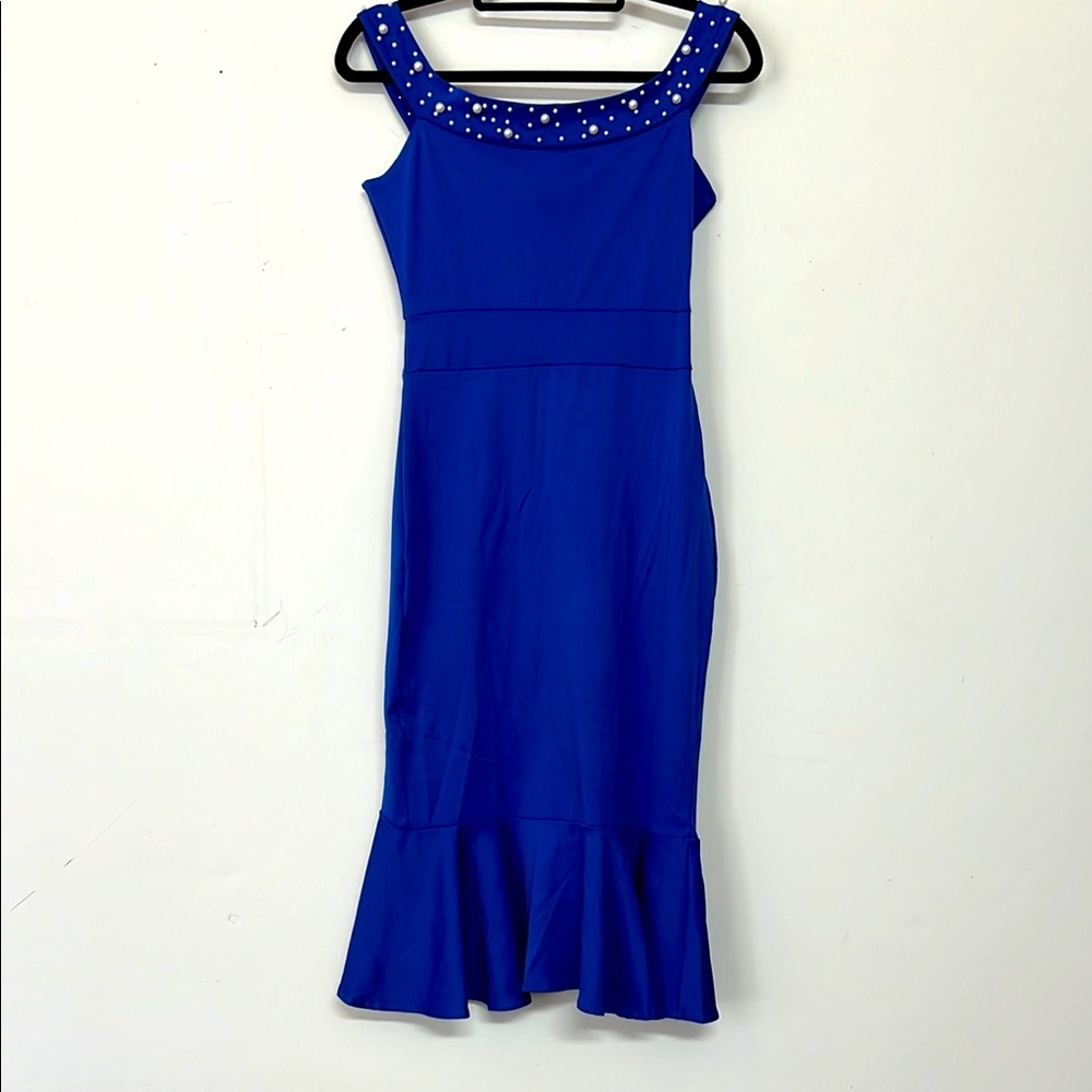 🌞 Chicme Elegant Blue Sleeveless Pearl Adored Neckline Ruffle midi Dress women M